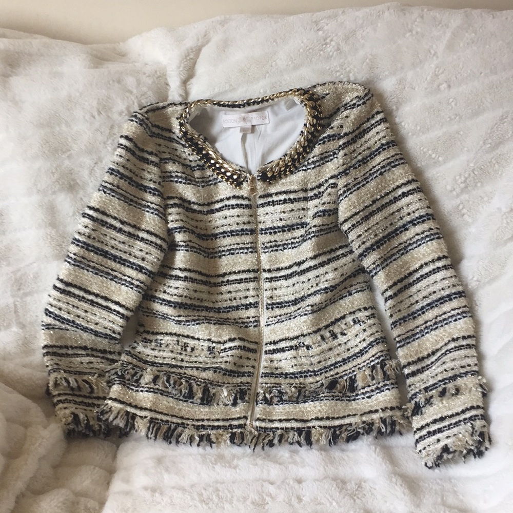 Boston Proper Black and Gold Fringe Jacket Sz 8